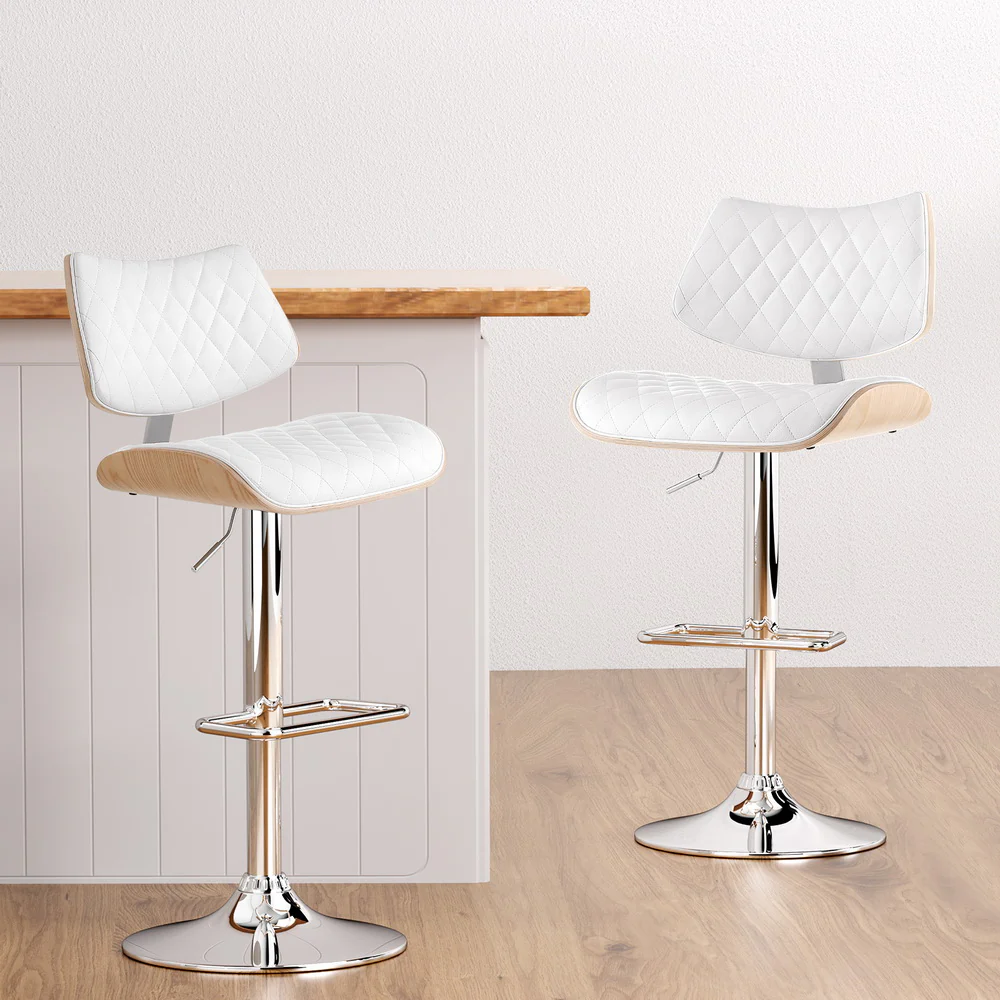 Moscow Bar Stools Kitchen Dining Chairs Gas Lift Stool Wooden Leather - White - Nurns