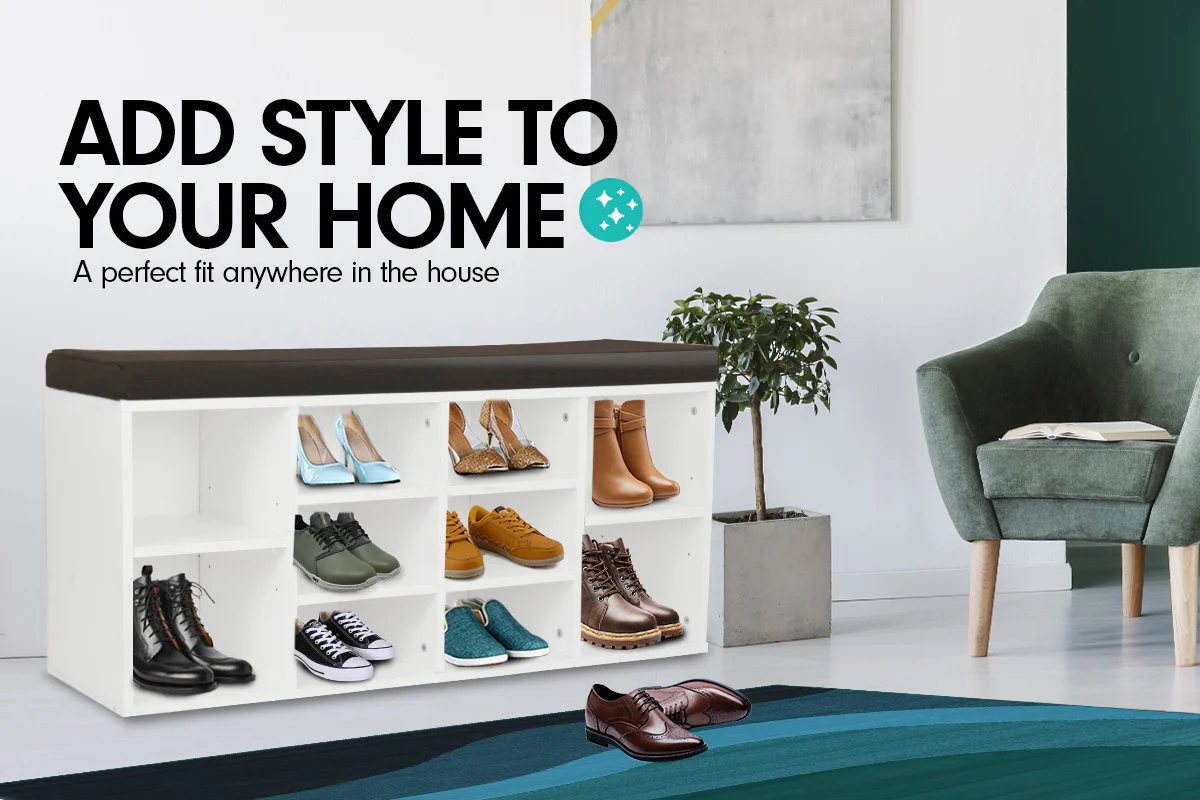 Sarantino Shoe Rack Cabinet Organiser Brown Cushion Bench Stool - 104 X 30 X 45 - White - Nurns