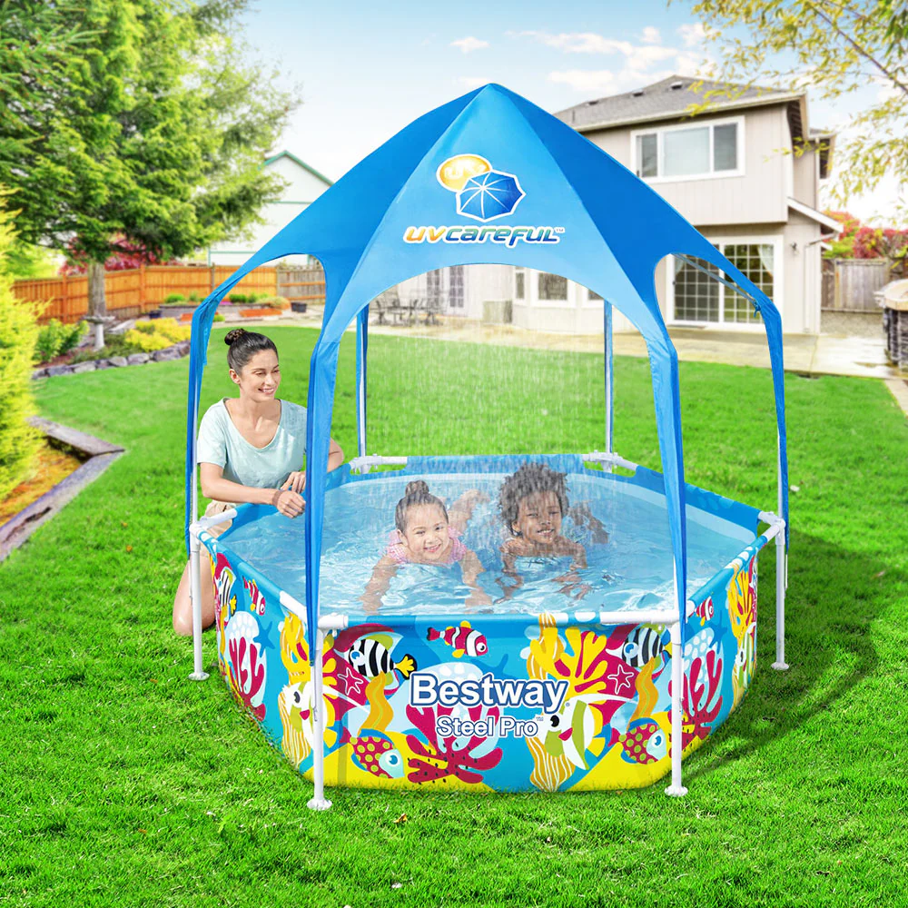 Bestway Kids Pool 183x51cm Steel Frame Swimming Play Pools Canopy 930L - Nurns