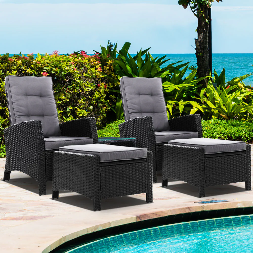 Ross 5-Piece Recliner Chair Outdoor Furniture Setting Patio Wicker Sofa Chair and Ottoman - Black - Nurns