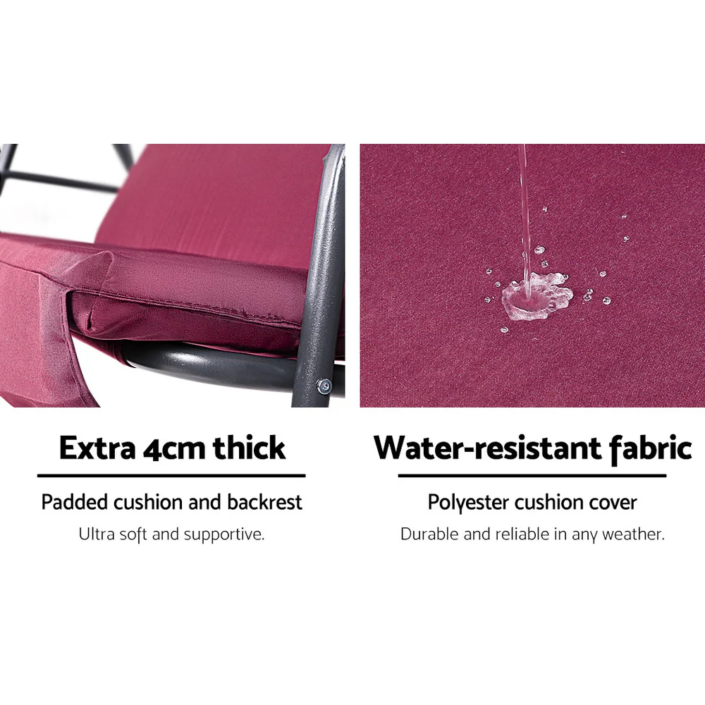 Astride 3 Seater Outdoor Swing Chair Garden Canopy Bench Seat Backyard - Wine Red - Nurns