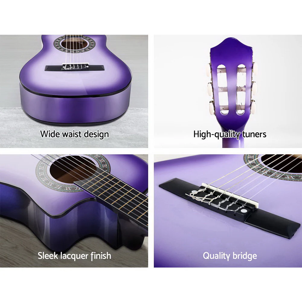 Alpha 34 Inch Classical Guitar Wooden Body Nylon String Beginner Kids Gift Purple - Nurns
