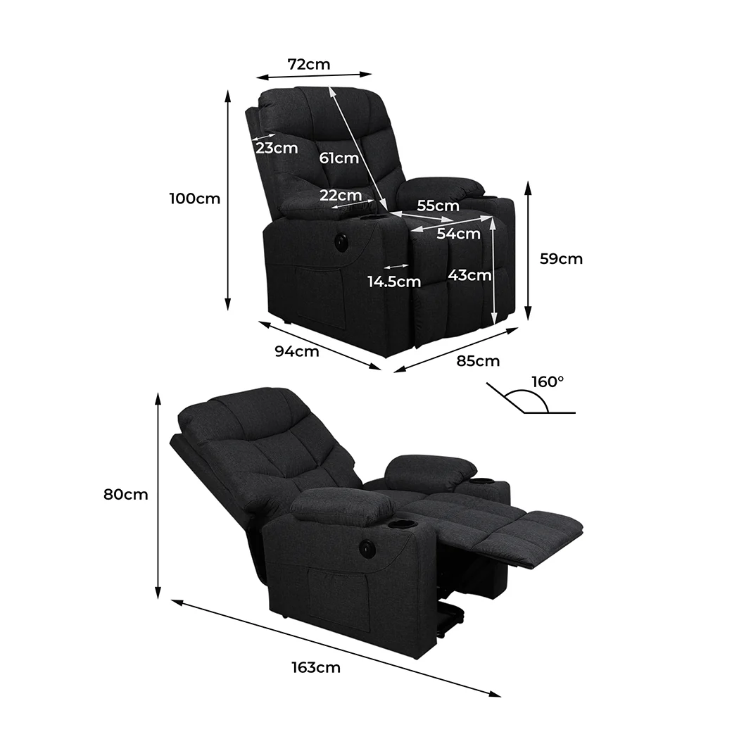 Medea Recliner Chair Electric Lift Chair Armchair Lounge Fabric USB Charge - Black - Nurns