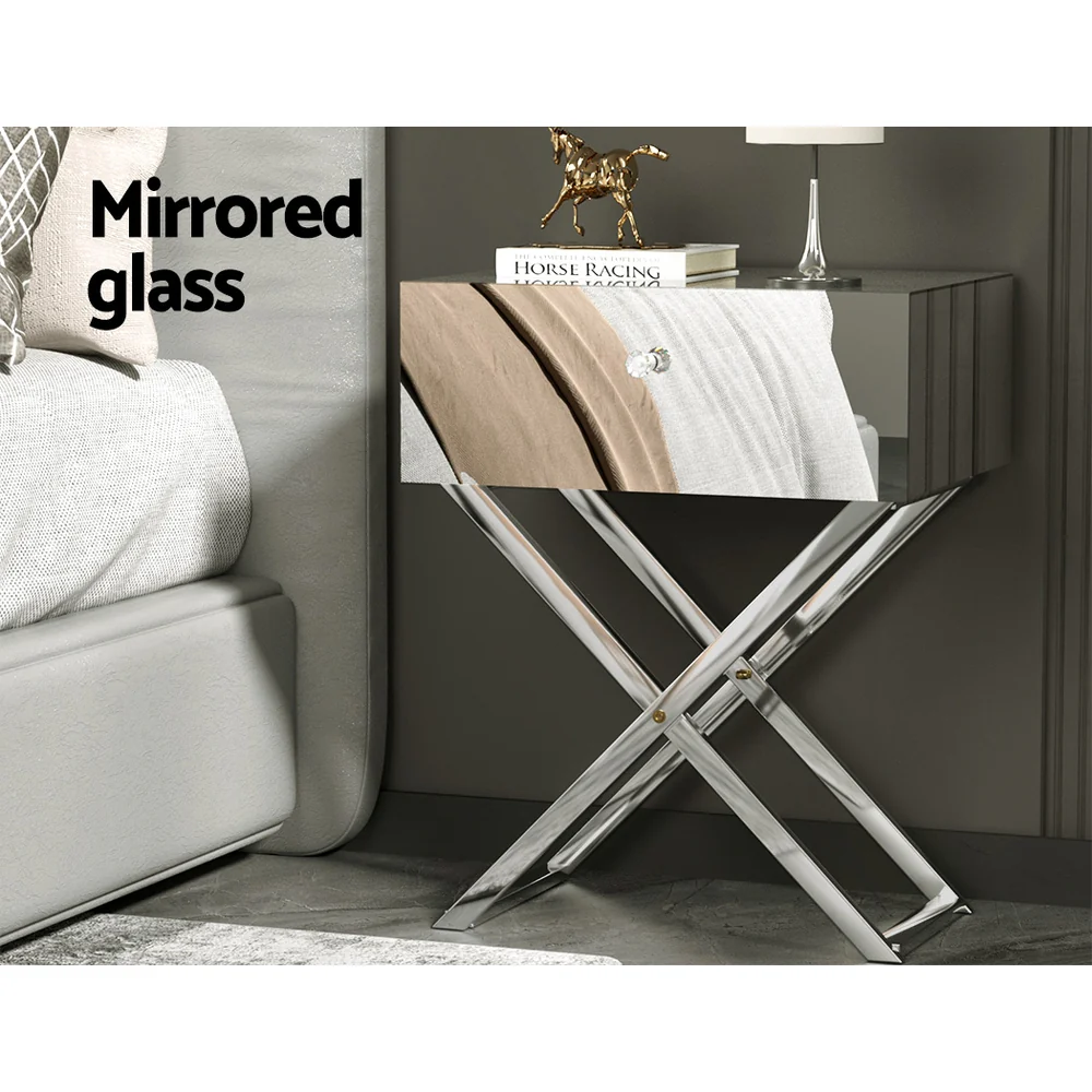 Surrey Mirrored Bedside Tables Side End Table Drawers Nightstand Bedroom - Silver - Nurns