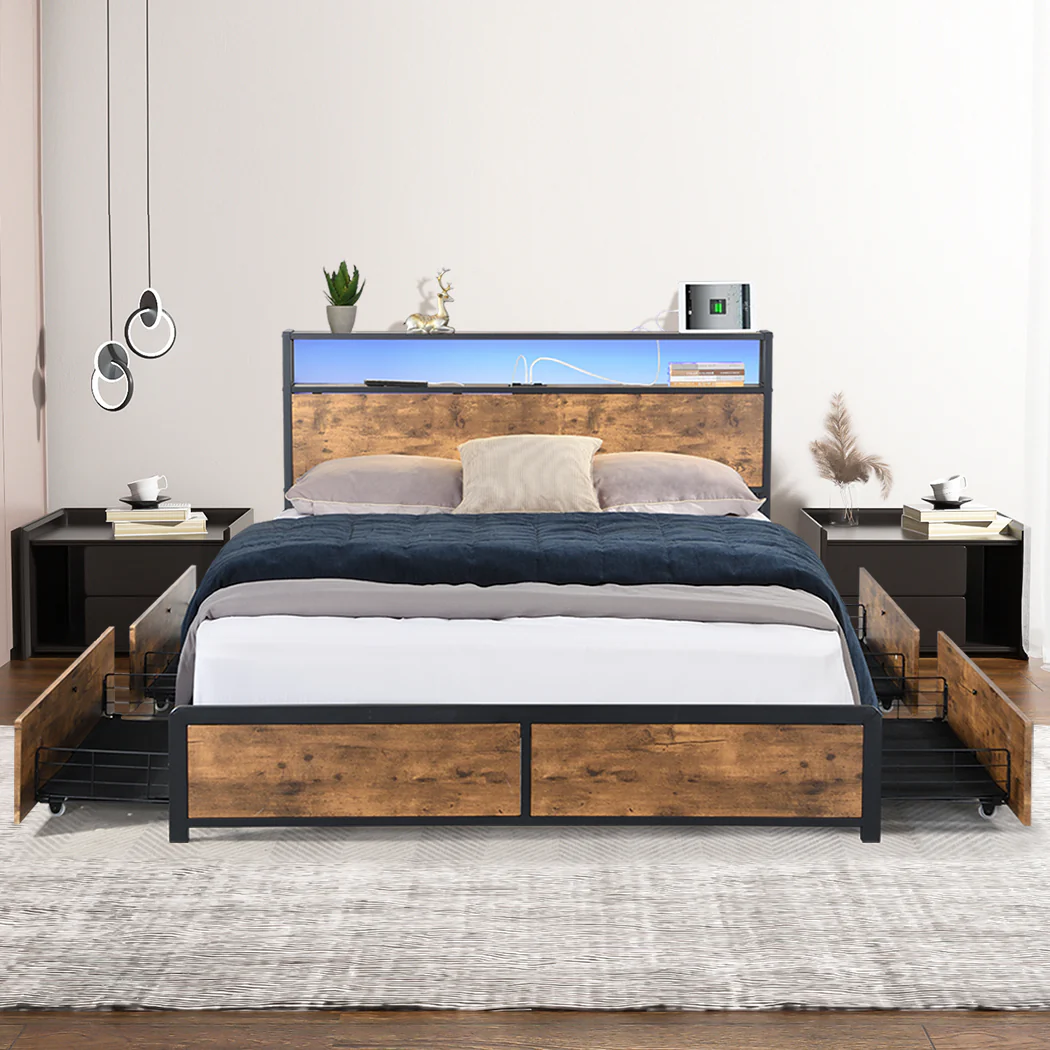 Maylen LED Bed Frame with 4 Drawers and USB Charger - Brown Queen - Nurns