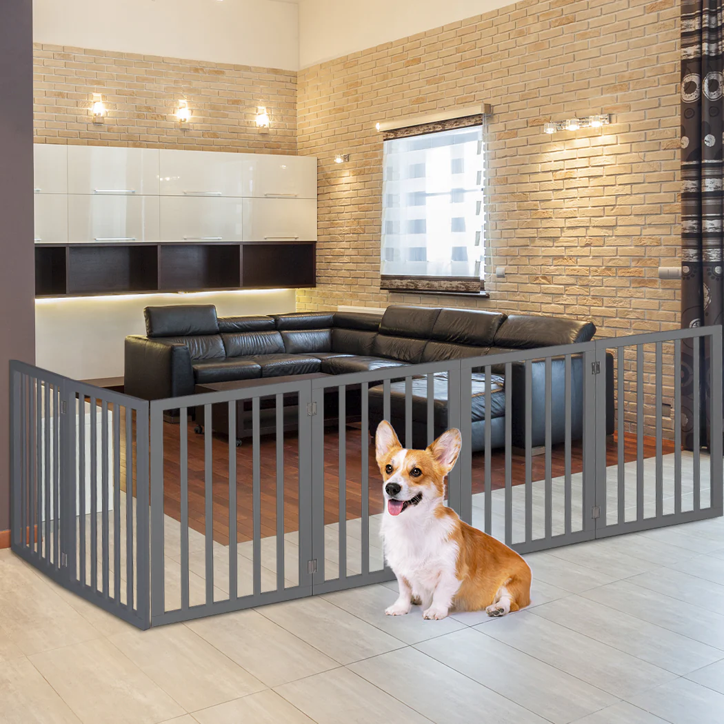 Wooden Pet Gate Dog Fence Safety Stair Barrier Security Door 6 Panels Grey - Nurns