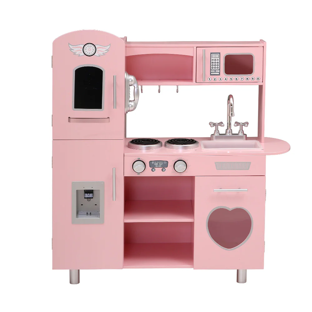 Kids Wooden Kitchen Pretend Play Sets Food Cooking Toys Children Pink - Nurns