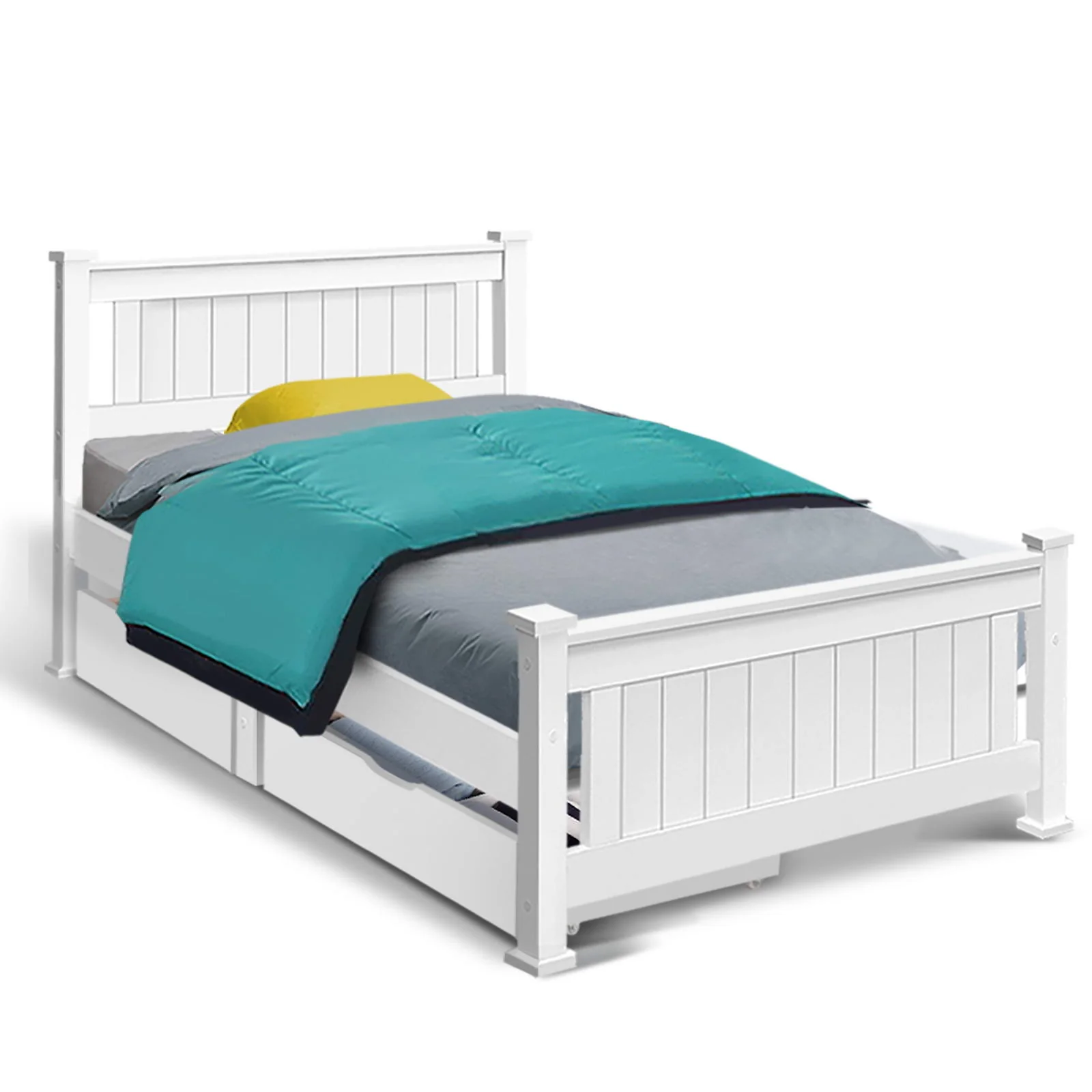 Mystique Wooden Bed Frame Timber with Storage Drawers - White Single - Nurns