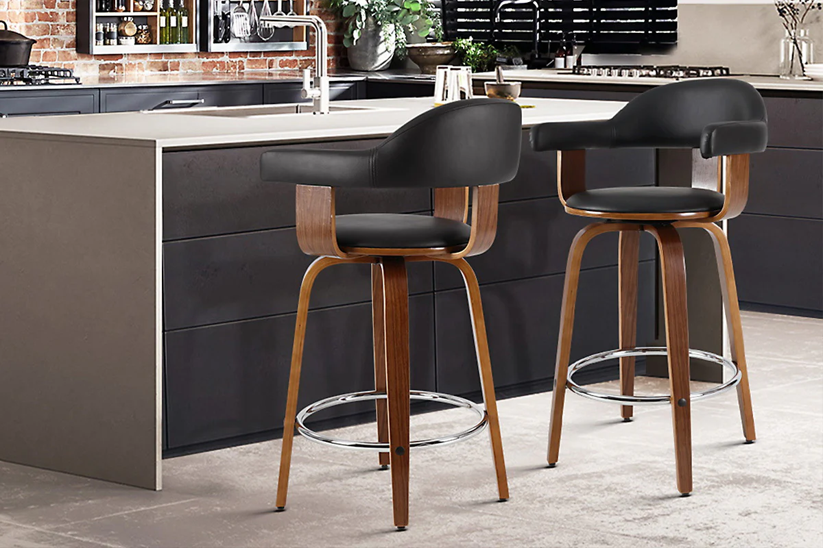 Set of 2 Evora Bar Stools PU Leather Wooden Swivel - Wood,Chrome & Black - Nurns