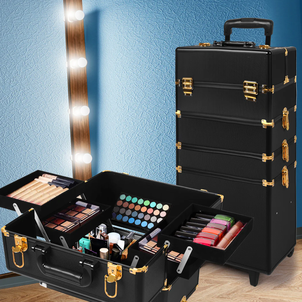 Makeup Case Professional Makeup Organiser 7 In 1 Trolley Black Gold - Nurns