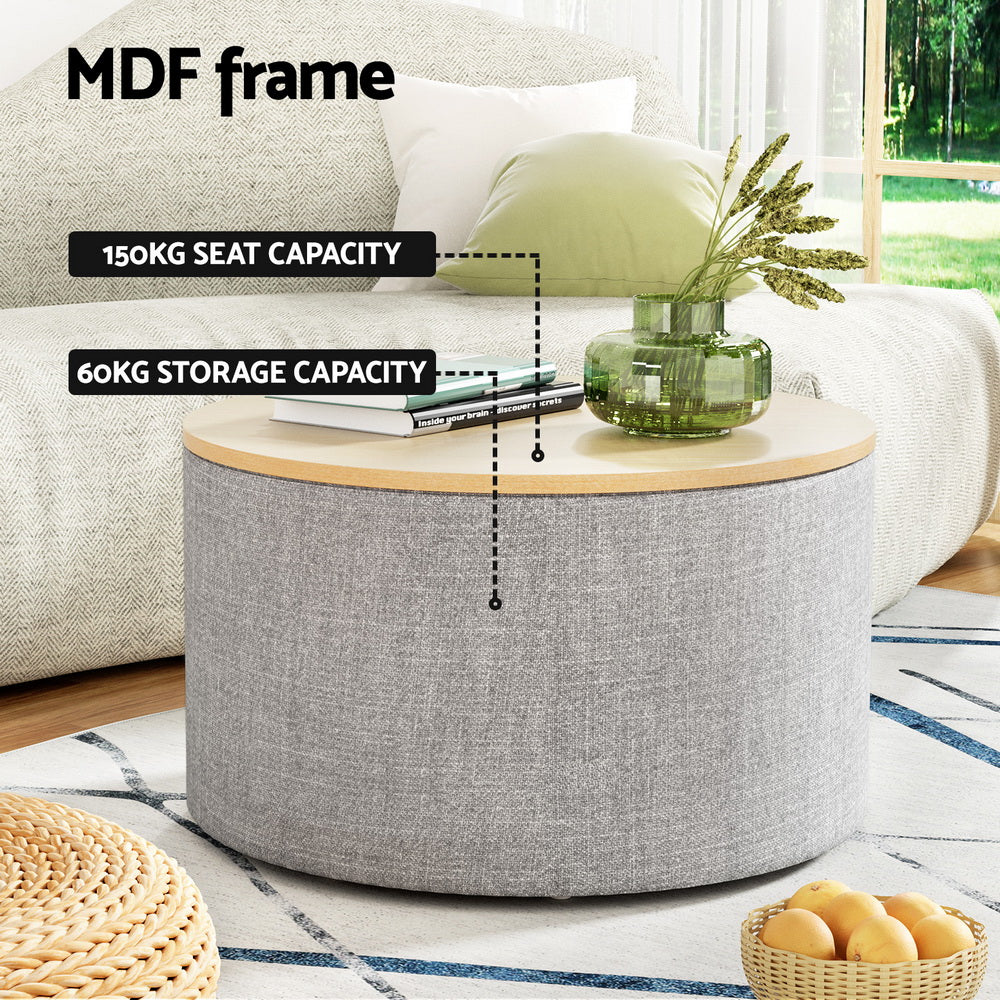Storage Ottoman Blanket Box 60cm Linen Round - Grey - Nurns