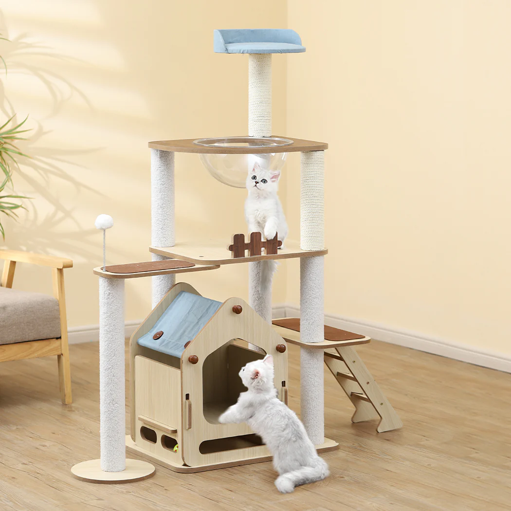 Cat Tree Scratching Post Scratcher Cats Tower Wood Condo Toys House 138cm - White - Nurns