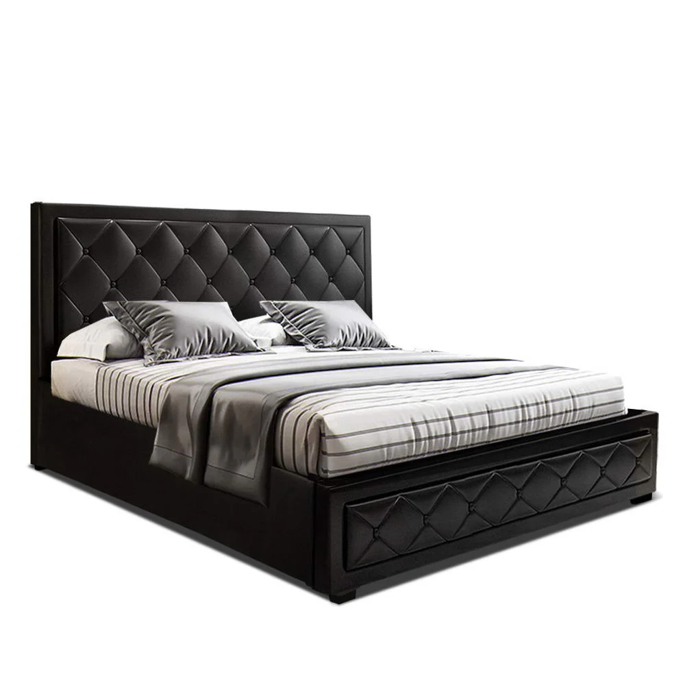 Savannah Bed Frame PU Leather Gas Lift Storage - Black King - Nurns