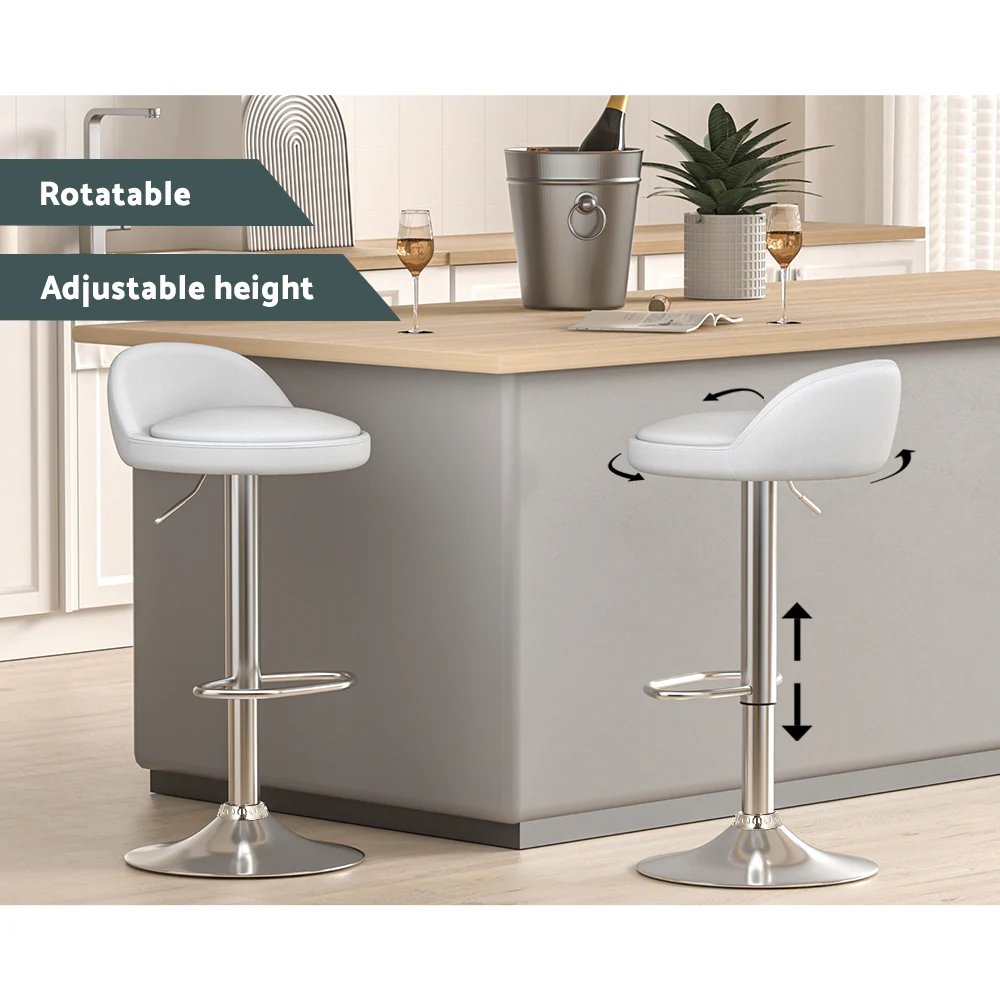 Set of 2 Hobart Bar Stools Kitchen Stool Chairs Dining Gas Lift Swivel Leather - White - Nurns