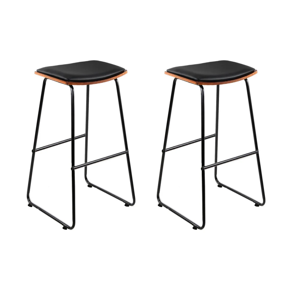 Set of 2 Tiel Backless PU Leather Bar Stools - Black & Wood - Nurns