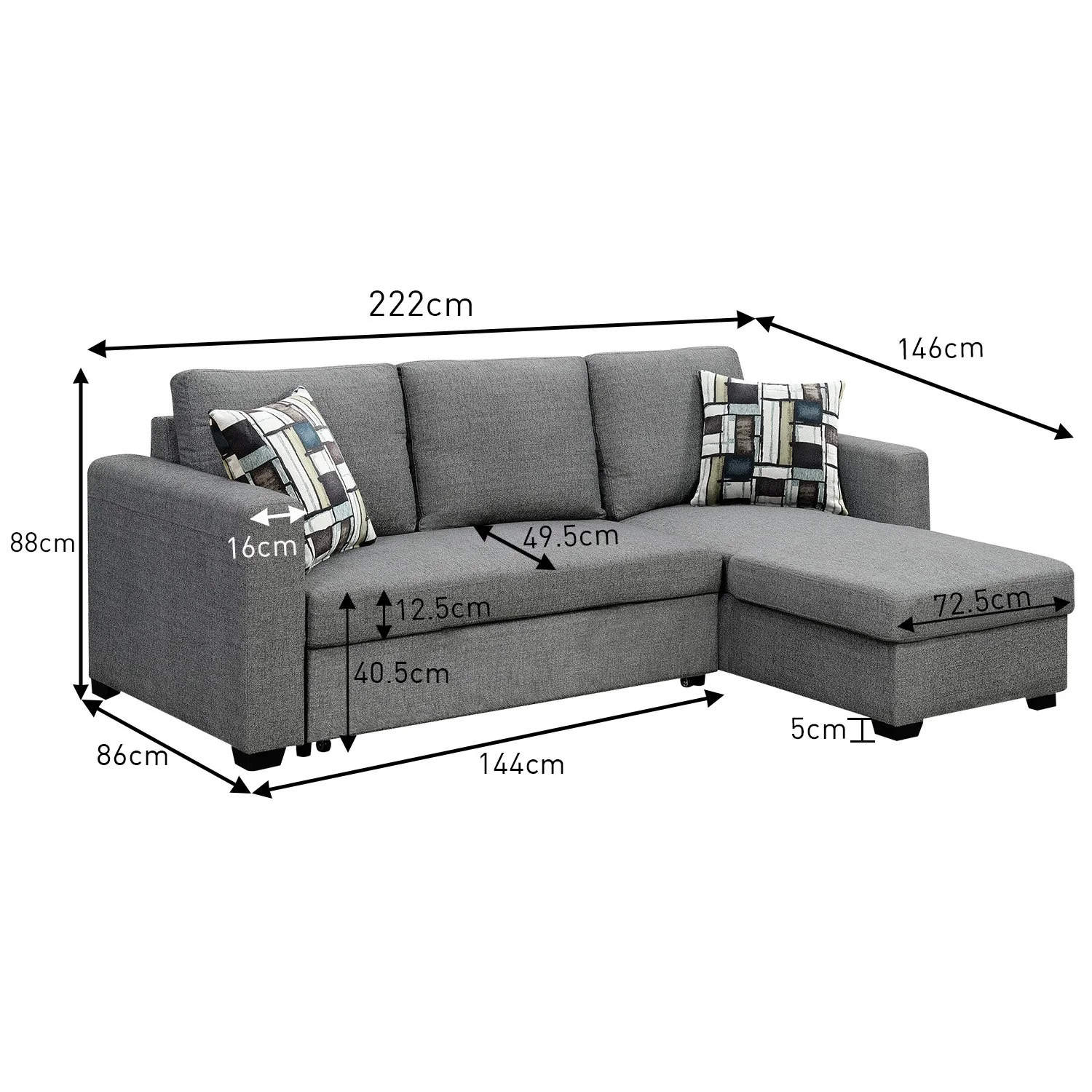Meshi 3-Seater Pullout Sofa Bed with Storage Chaise Lounge - Grey - Nurns