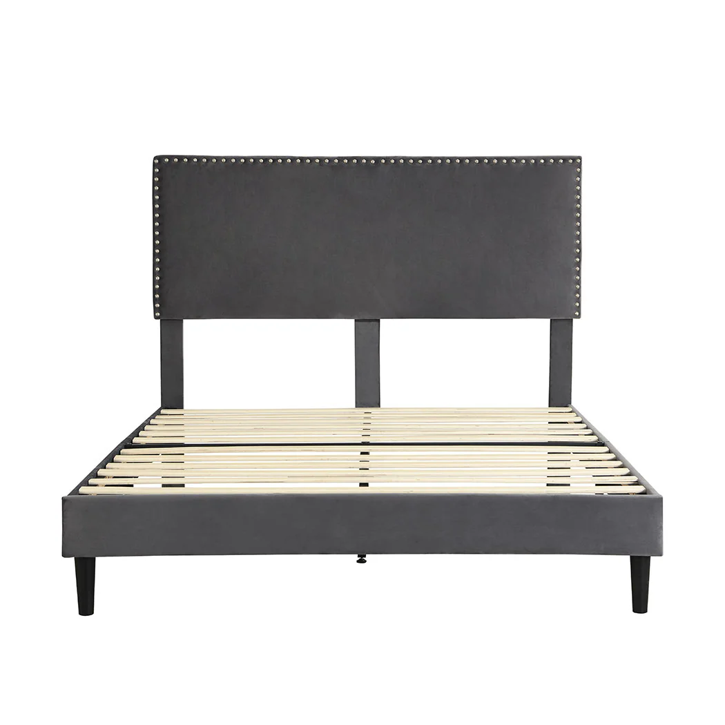 Velsen Bed Frame Base Platform Wooden Velvet with Headboard Grey - Double - Nurns