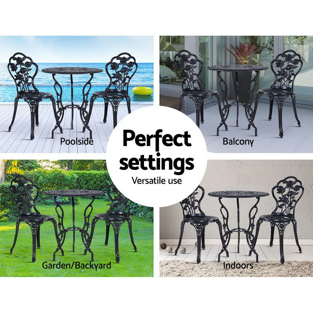 Caspian 2-Seater Cast Aluminium Table Chair Patio 3-Piece Outdoor Setting - Black - Nurns