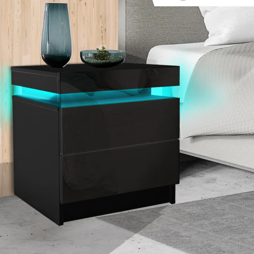 Inuvik LED Bedside Tables RGB LED Side Table High Gloss Nightstand Cabinet with 2 Drawers - Black - Nurns