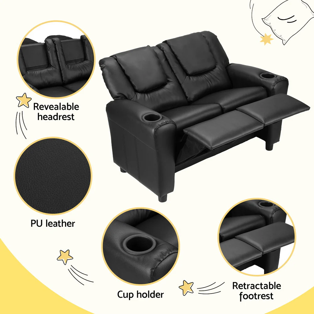 Primy Kids Recliner Chair Double PU Leather Sofa Lounge Couch Armchair - Black - Nurns