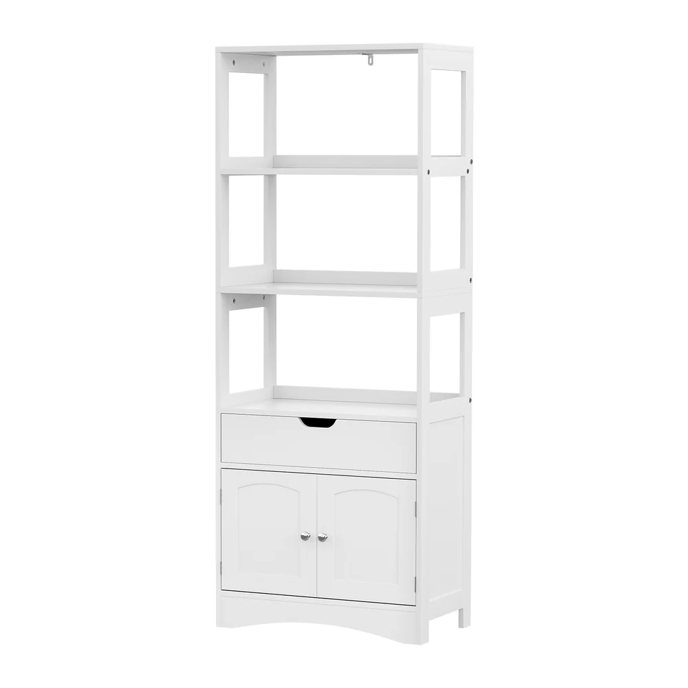 Bathroom Floor Storage Cabinet with 2 Drawers 3 Open Shelves 2 Doors - White - Nurns