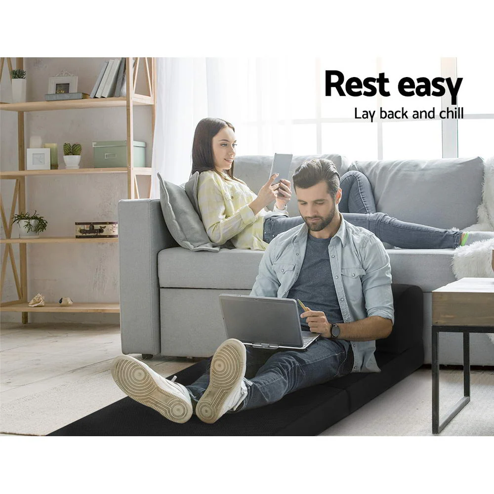 Scarlett 24cm Folding Foam Mattress Portable Single Sofa Bed Mat Air Mesh Fabric Black - Single - Nurns