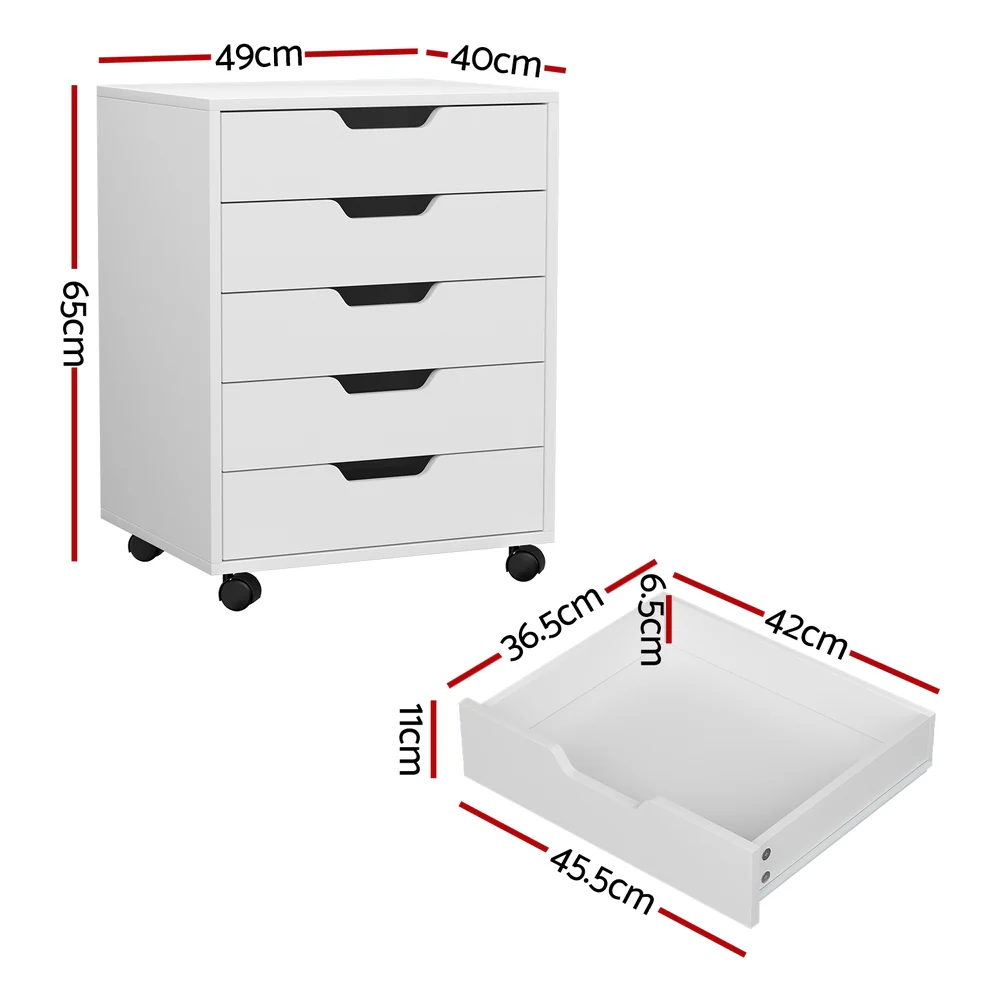 Artiss 5-Drawer Filing Cabinet Mobile Rolling Storage Cabinet Chest of Drawers Stand White - Nurns