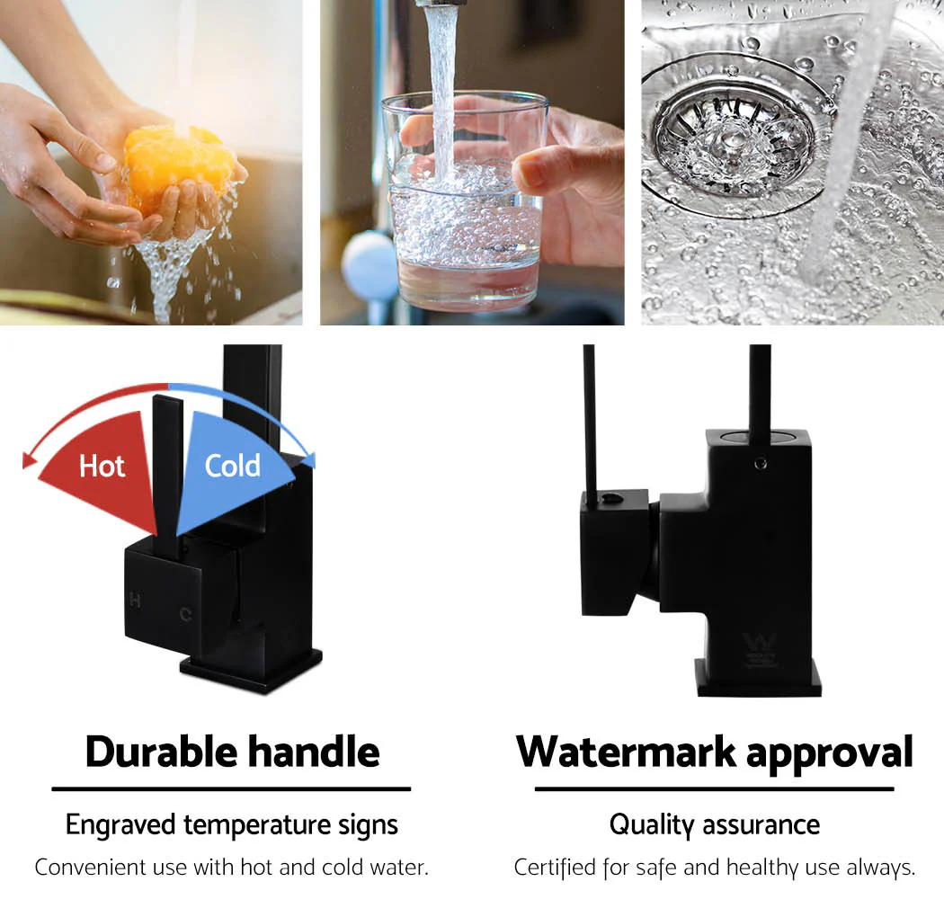 Kitchen Mixer Tap Mixer Square Sink Faucet Basin Laundry Black - Nurns
