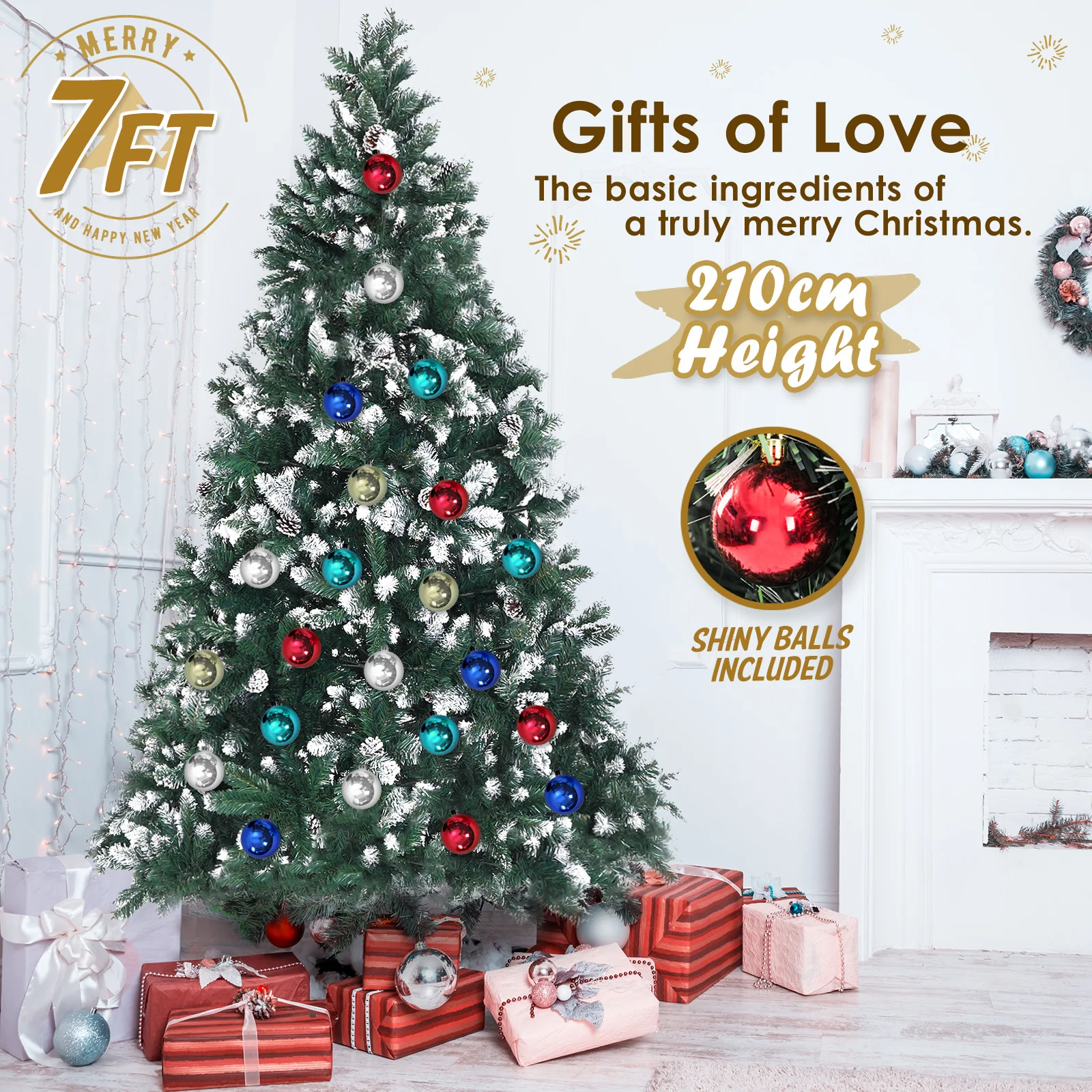 7ft 2.1m 1290 Tips Snowy Christmas Tree Xmas Pine Cones + Bauble Balls Green - Nurns