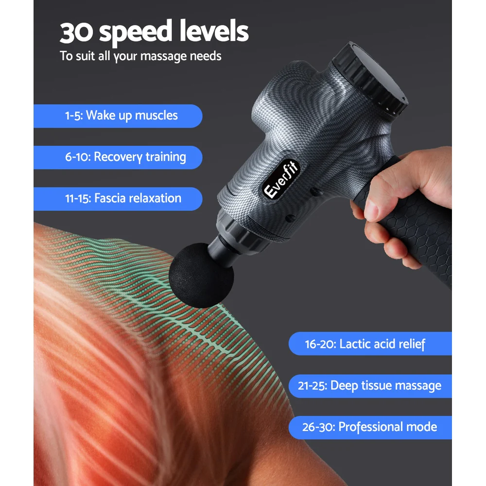 Everfit Massage Gun 30 Speed 6 Heads Vibration Muscle Massager Chargeable Grey - Nurns