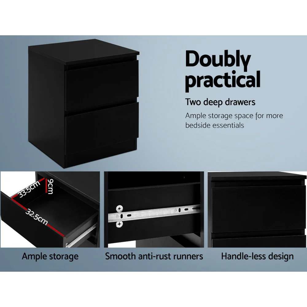 Kenora Wooden Bedside Tables Side Table Bedroom Furniture Nightstand Lamp with 2 Drawers - Black - Nurns