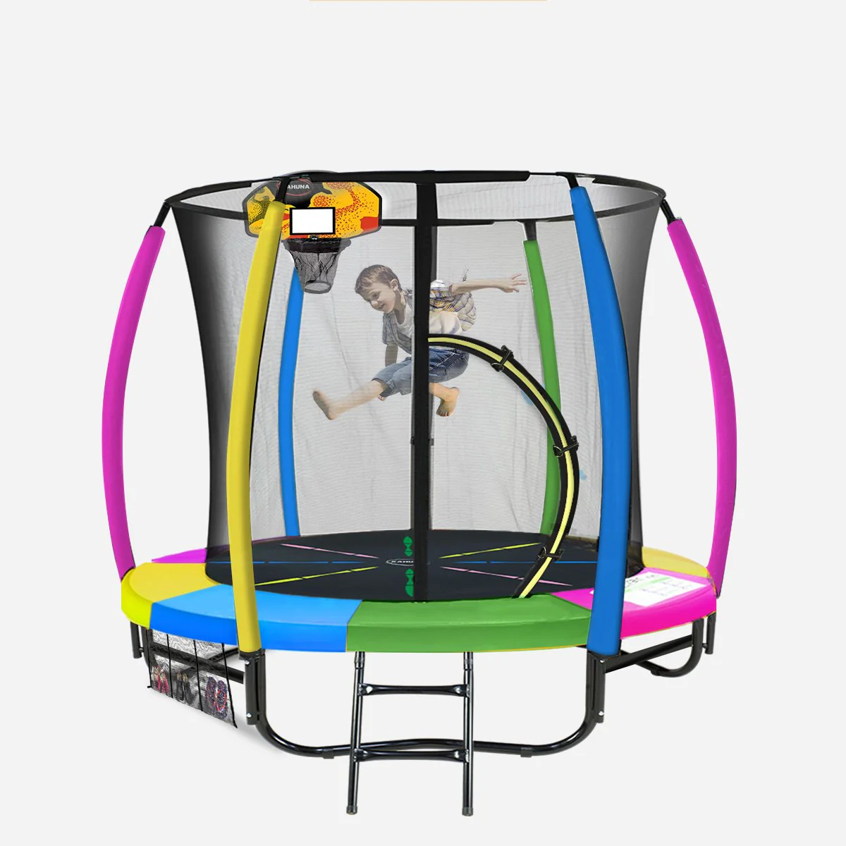 Kahuna Trampoline for Kids 8FT Outdoor Children with Safety Enclosure Mat Pad Net Ladder Basketball Hoop Set - Rainbow - Nurns