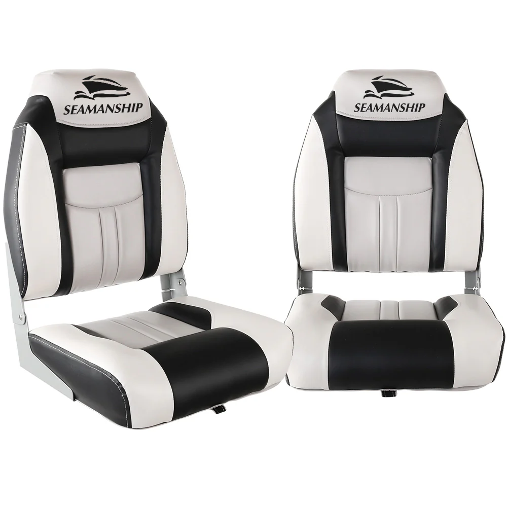 Set of 2 Folding Boat Seats Marine Seat Swivel High Back 12cm Padding Grey - Nurns