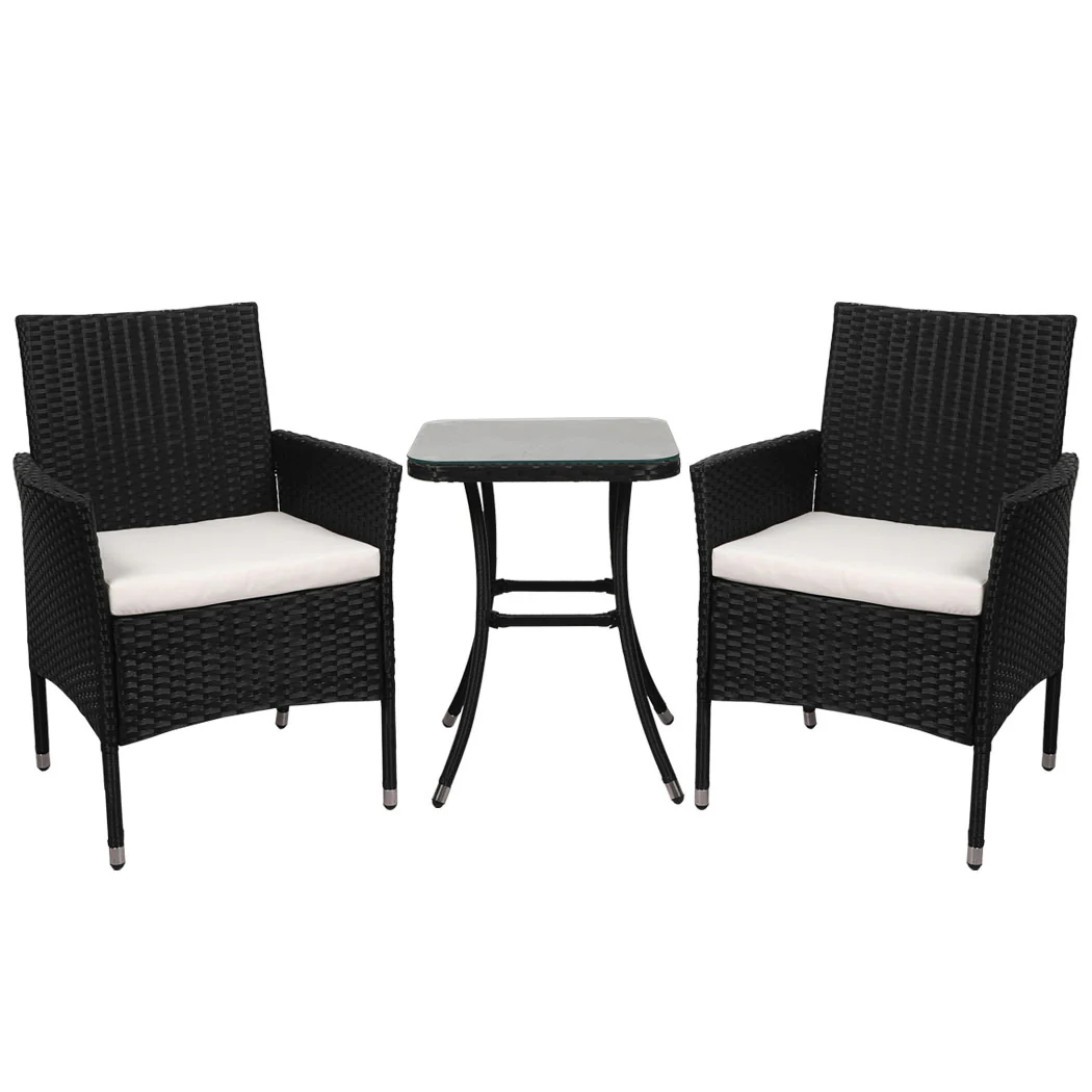 Finn 2-Seater Furniture Chair Table Patio Garden Rattan Seat 3-Piece Outdoor Setting - Black - Nurns