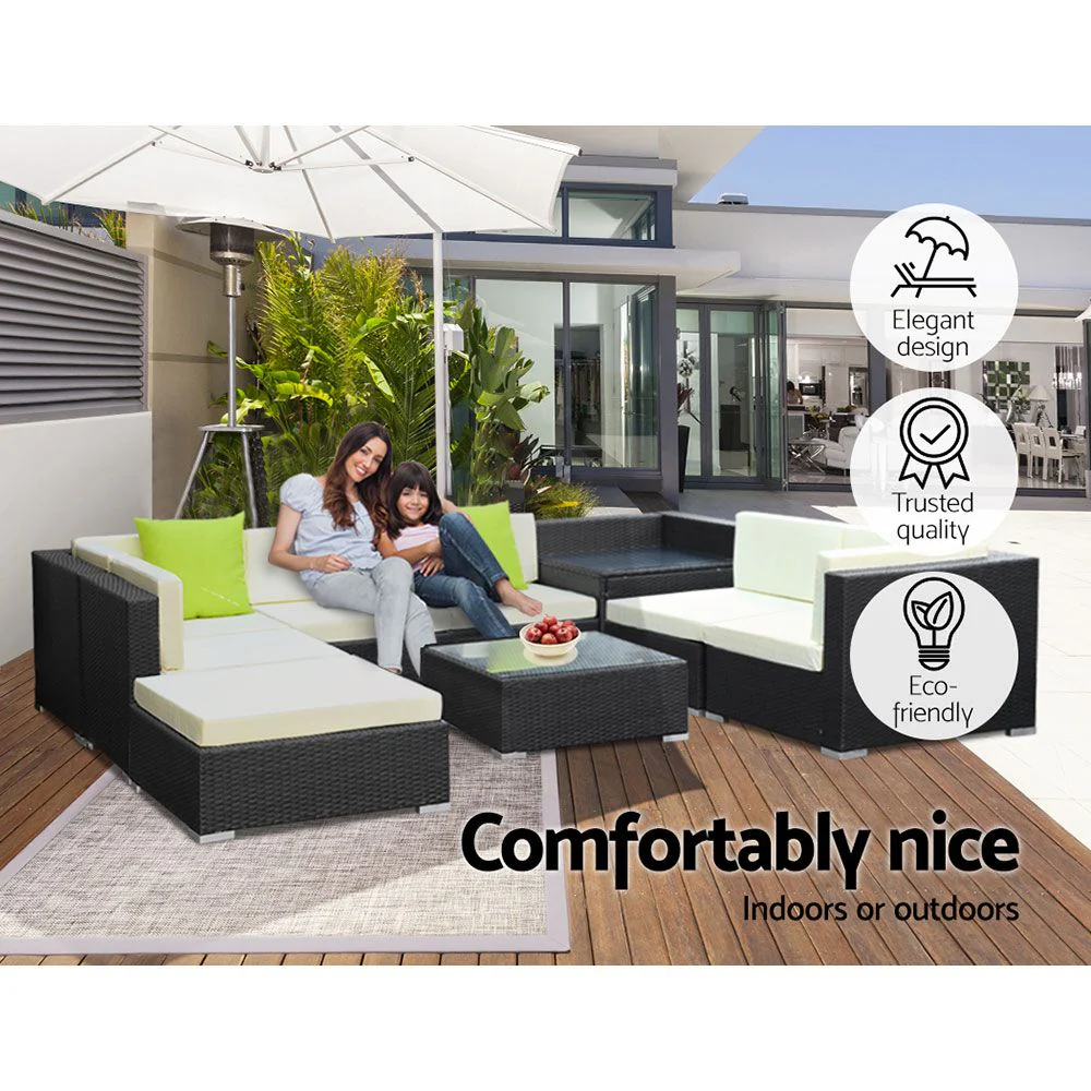 Chester 8-Seater Outdoor Set Furniture Wicker 9-Piece Sofa with Storage Cover - Black - Nurns