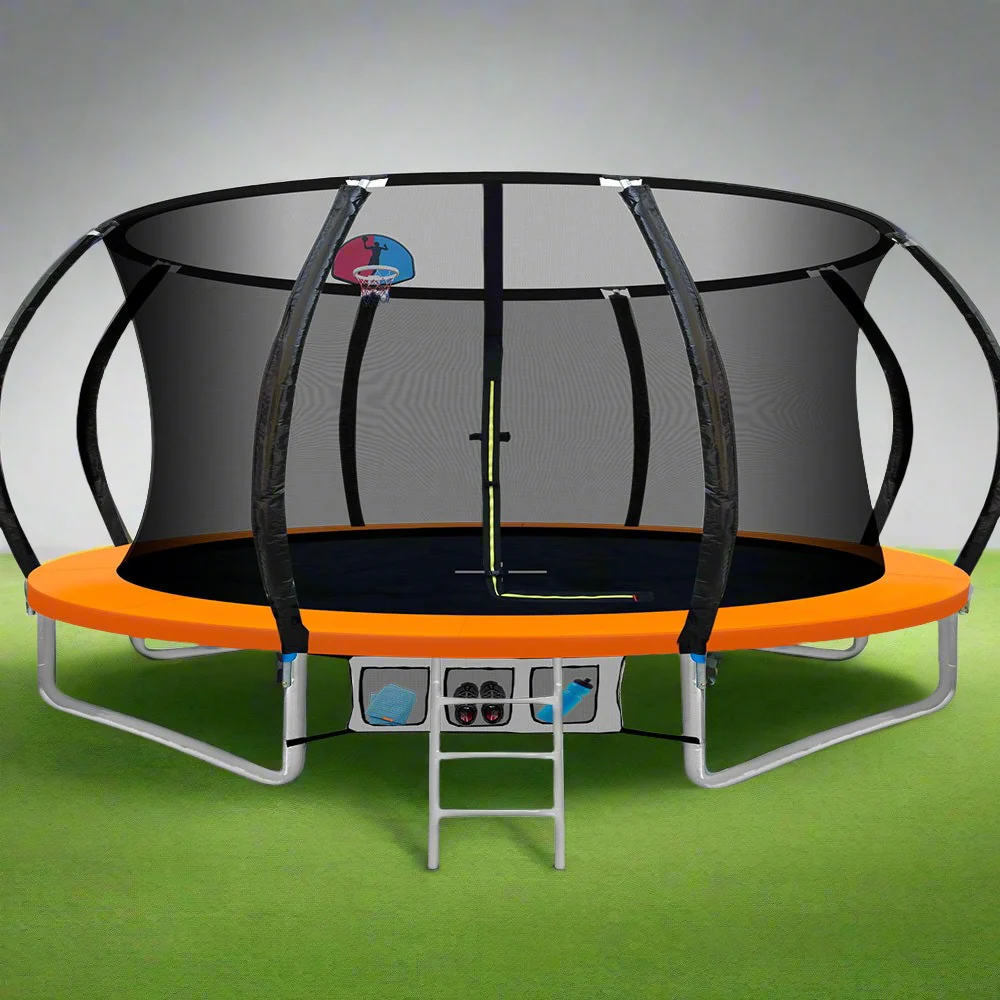 Everfit Trampoline for Kids 14ft Rebounder with Ladder Basketball Hoop Orange - Nurns
