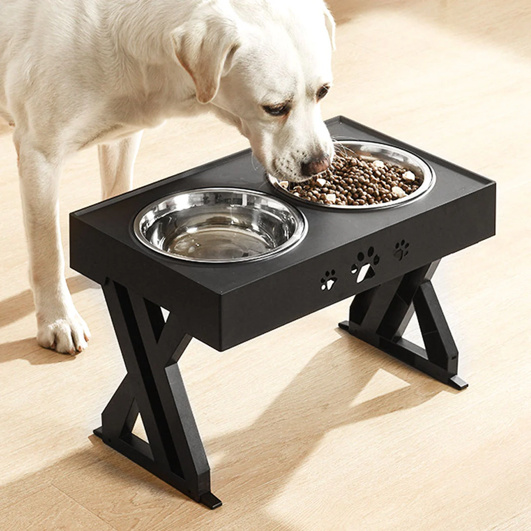 Elevated Pet Feeder Food Water Double Bowl Adjustable Height Raised Stand - Black - Nurns