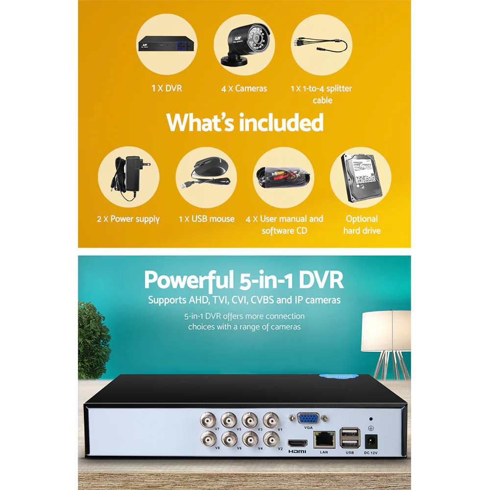 CCTV Security System 8CH DVR 4 Cameras 2TB Hard Drive - Nurns