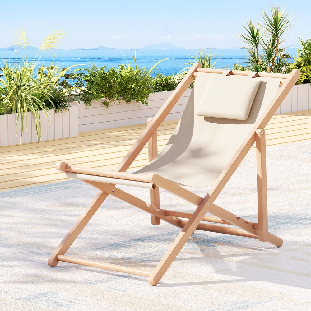 Damien Outdoor Chairs Sun Lounge Deck Beach Chair Folding Wooden Patio Furniture - Beige - Nurns