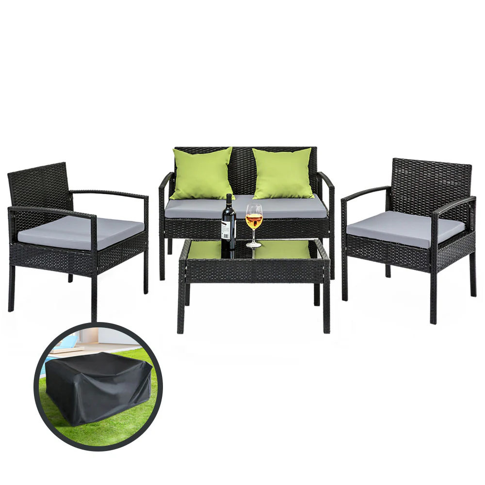 Dover 4-Seater Lounge Setting Garden Patio Wicker Cover Table Chairs 4-Piece Outdoor Furniture with Storage Cover - Black - Nurns
