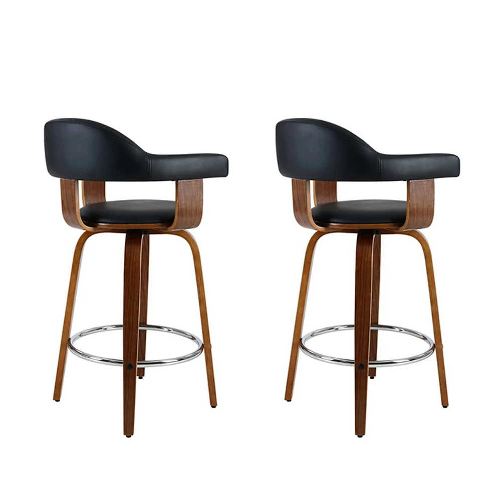 Set of 2 Evora Bar Stools PU Leather Wooden Swivel - Wood,Chrome & Black - Nurns