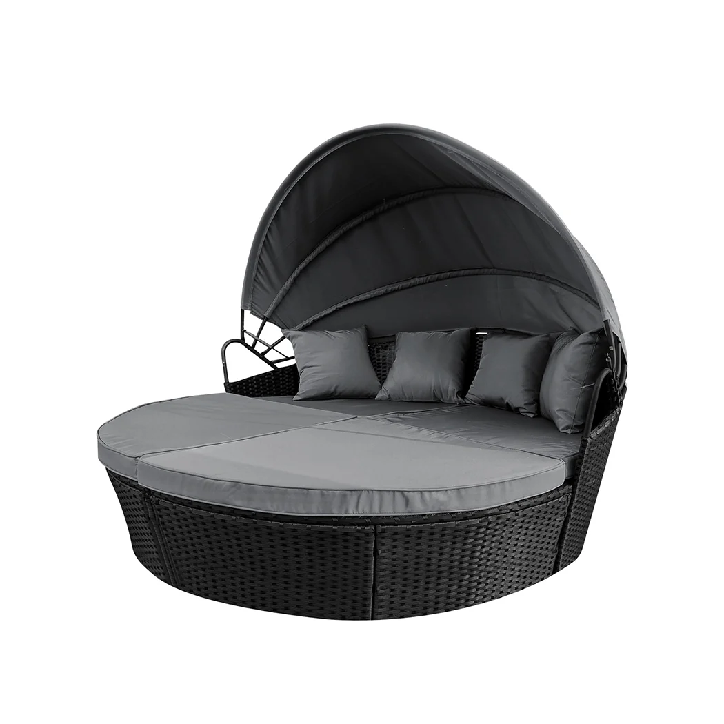 Amelie Day Bed Sofa Daybed Outdoor Garden Sun Lounge Furniture Wicker Round with Grey Cushion - Black - Nurns