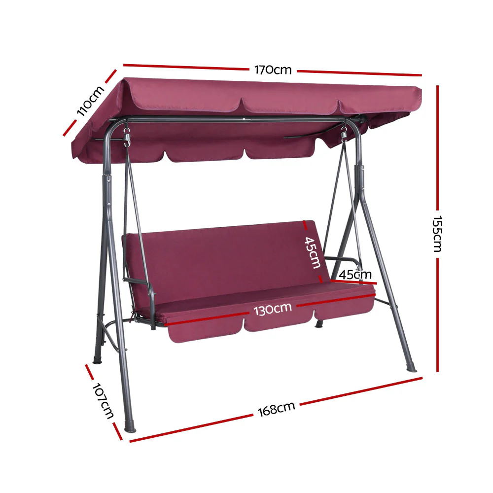 Astride 3 Seater Outdoor Swing Chair Garden Canopy Bench Seat Backyard - Wine Red - Nurns