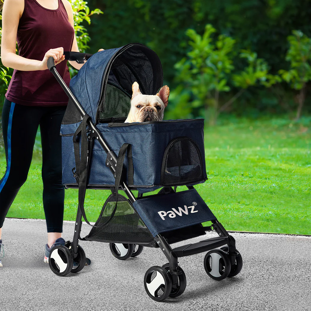 Pet Stroller Dog Cat Pram Foldable Carrier 4 Wheels Travel Pushchair Blue Large - Nurns