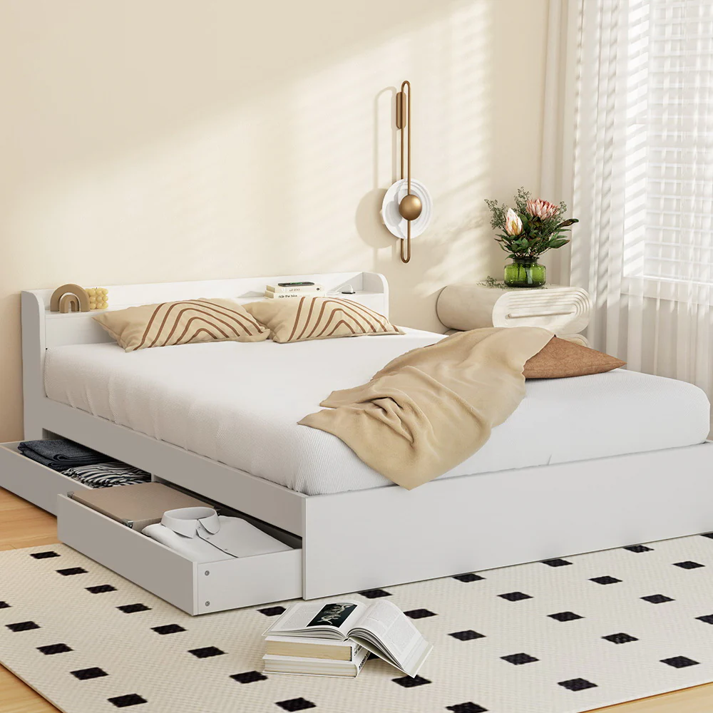 Rosemary Bed Frame Mattress Base wtih Charging Ports 2 Storage Drawers - White Queen - Nurns