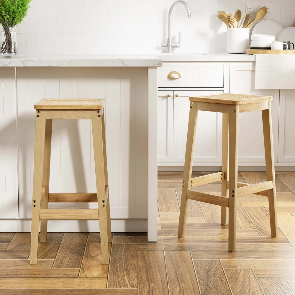 Set of 2 Brussels Bar Stools Rubber Wood Stool Counter Chair Rattan Barstools Kitchen - Natural Wood - Nurns