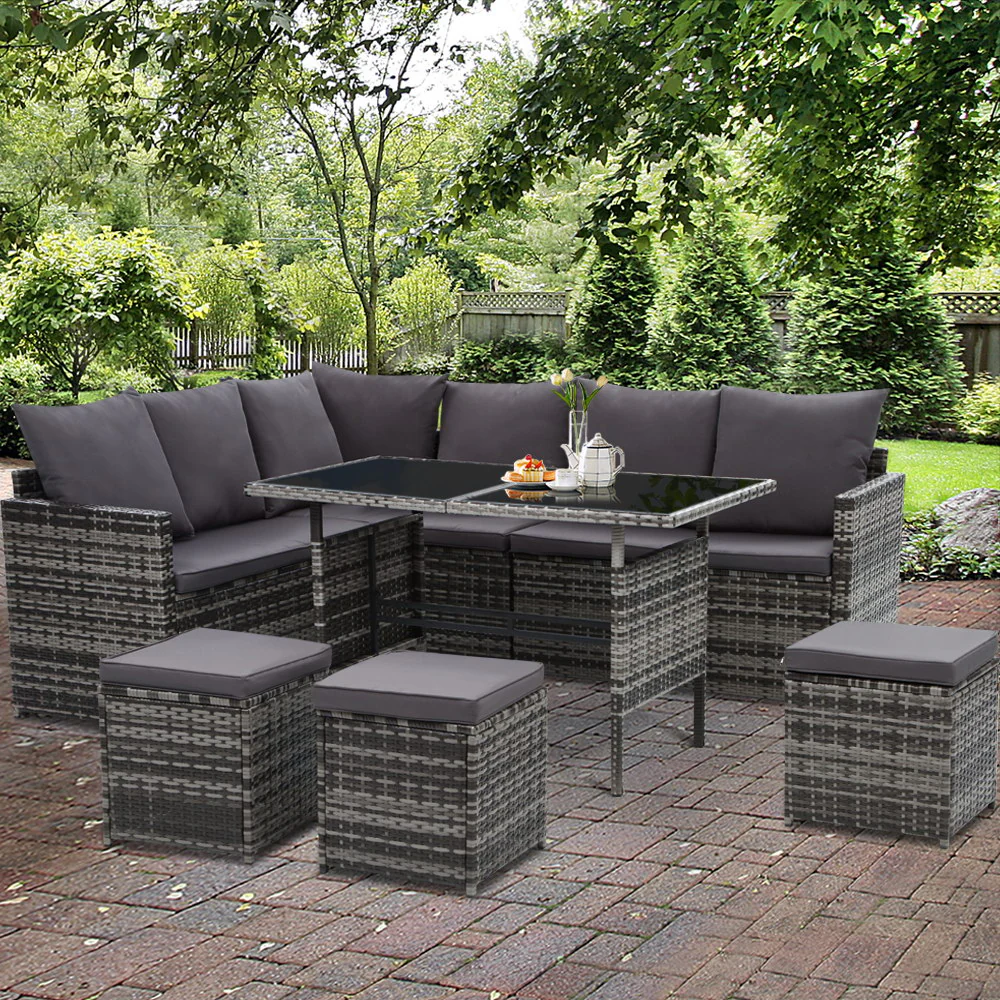David 9-Seater Furniture Dining Wicker 5-Piece Outdoor Sofa with Storage Cover - Mixed Grey - Nurns