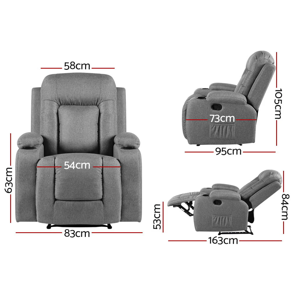 Artemis Recliner Chair Electric Massage Chair Fabric Lounge Heated - Grey - Nurns