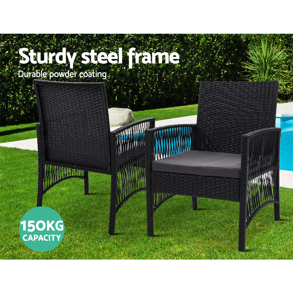 Shanklin 2-Seater Chairs Wicker Garden Patio Cushion Tea Coffee Cafe Bar 3-Piece Outdoor Furniture - Black - Nurns