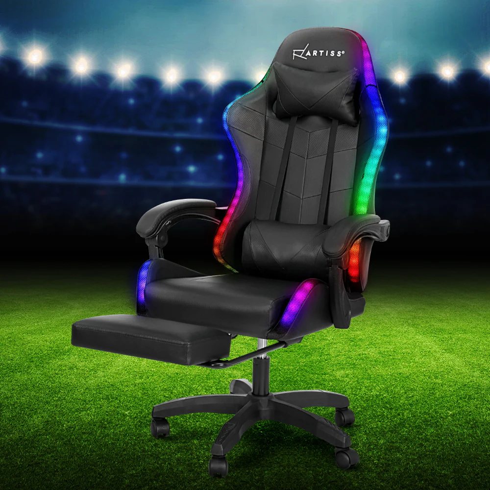 Artiss 6 Point Massage Gaming Office Chair 7 LED Footrest Black - Nurns
